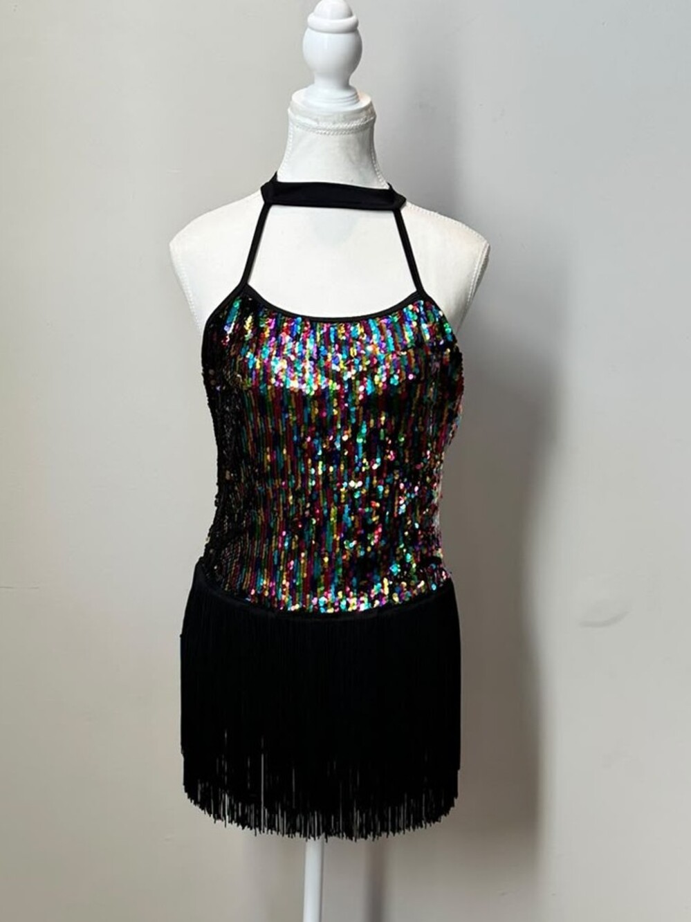 Sequin Fringe Dance Costume Dress multicolor iridescent sequins - Small